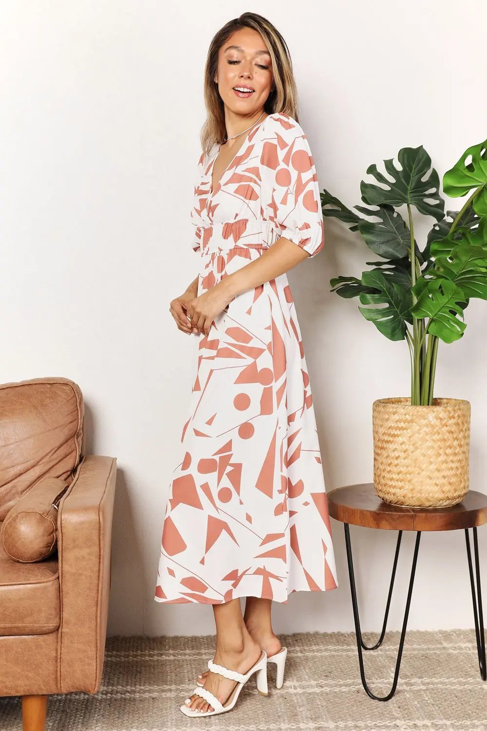 Double Take Printed Surplice Balloon Sleeve Dress - Love Salve